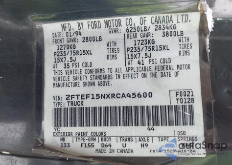 1994 Ford F150 из США, поврежденный, VIN 2FTEF15NXRCA45600